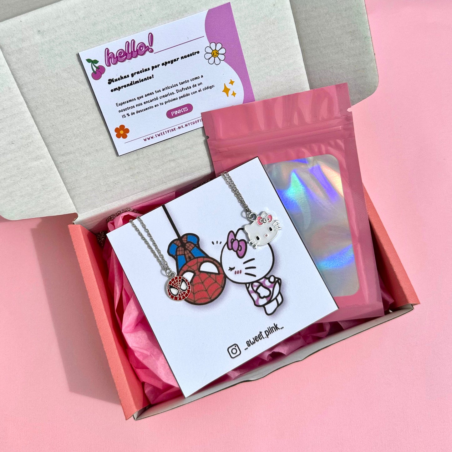 Set Cadenas Spiderman y Hello kitty + caja